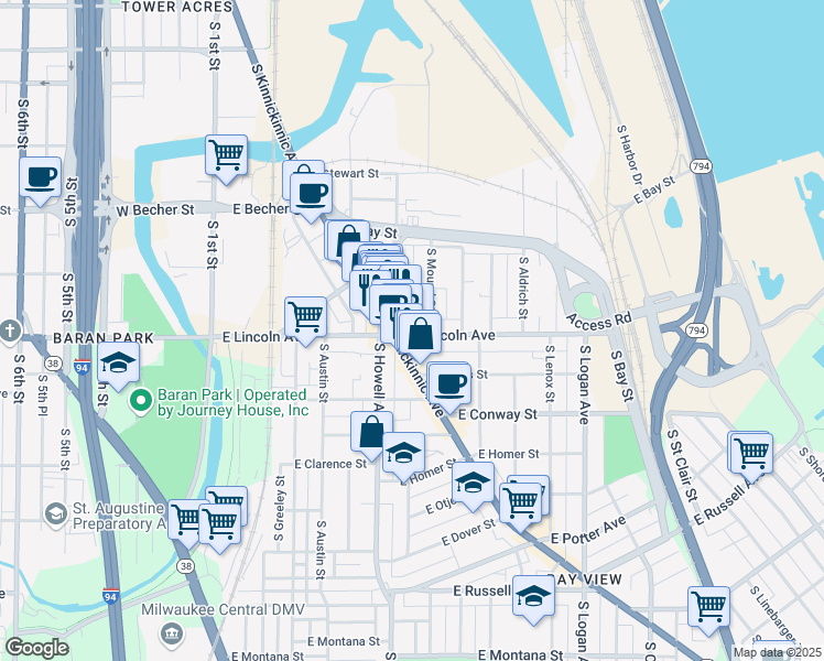 map of restaurants, bars, coffee shops, grocery stores, and more near 444 East Lincoln Avenue in Milwaukee