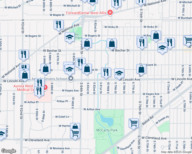 map of restaurants, bars, coffee shops, grocery stores, and more near 2219 South 82nd Street in West Allis