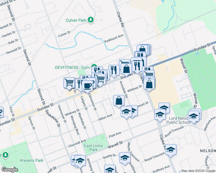 map of restaurants, bars, coffee shops, grocery stores, and more near 1815 Dundas Street in London
