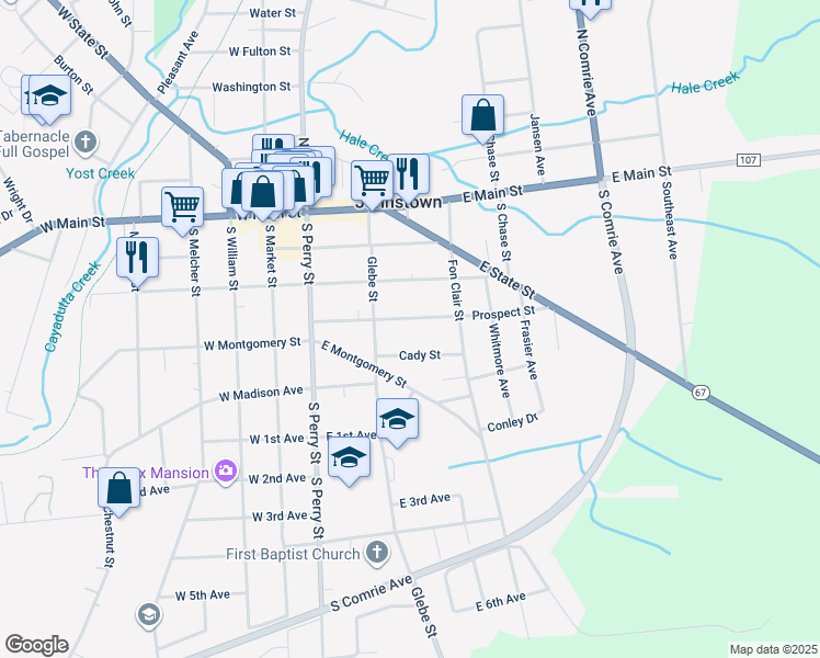 map of restaurants, bars, coffee shops, grocery stores, and more near 109 Prospect Street in Johnstown