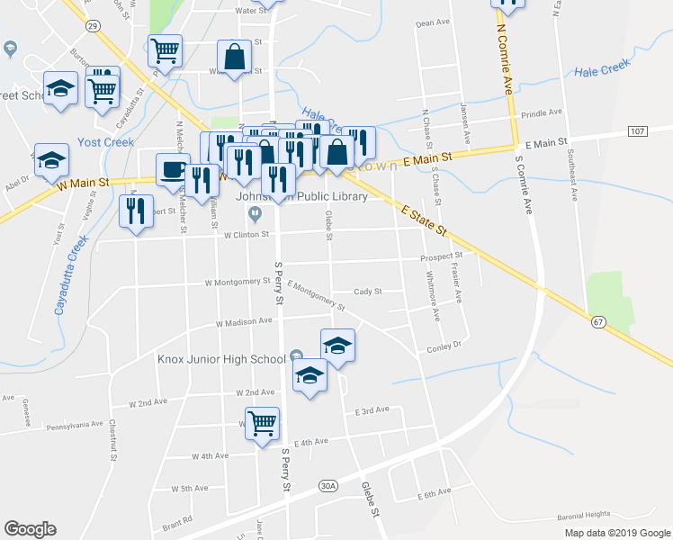 map of restaurants, bars, coffee shops, grocery stores, and more near 212 Glebe Street in Johnstown