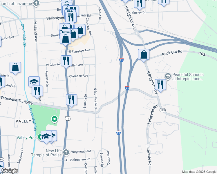 map of restaurants, bars, coffee shops, grocery stores, and more near 126 Maywood Drive in Syracuse