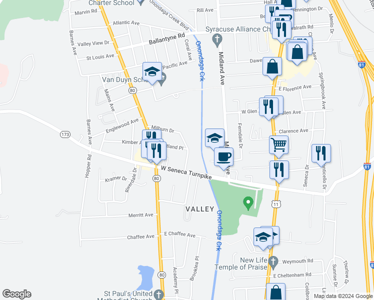 map of restaurants, bars, coffee shops, grocery stores, and more near 227 Milburn Drive in Syracuse