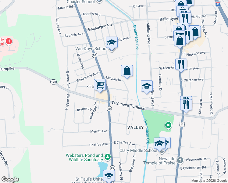 map of restaurants, bars, coffee shops, grocery stores, and more near 133 Cortland Place in Syracuse