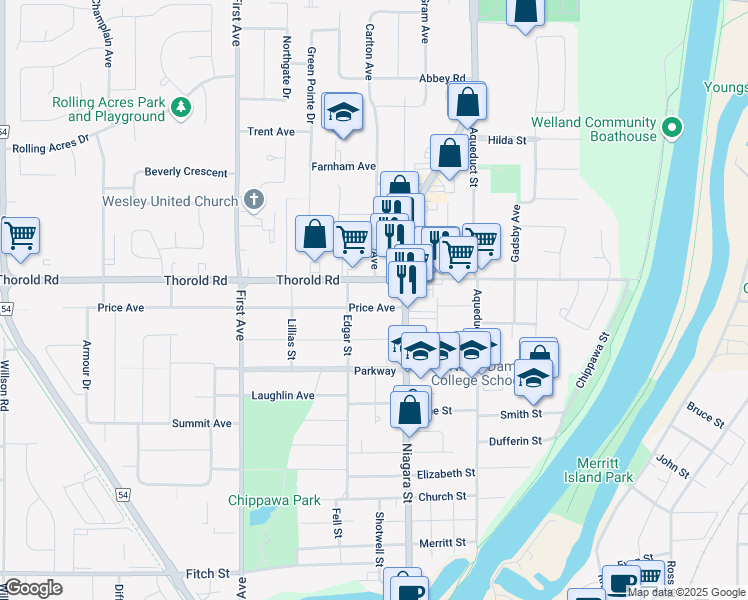 map of restaurants, bars, coffee shops, grocery stores, and more near in Welland