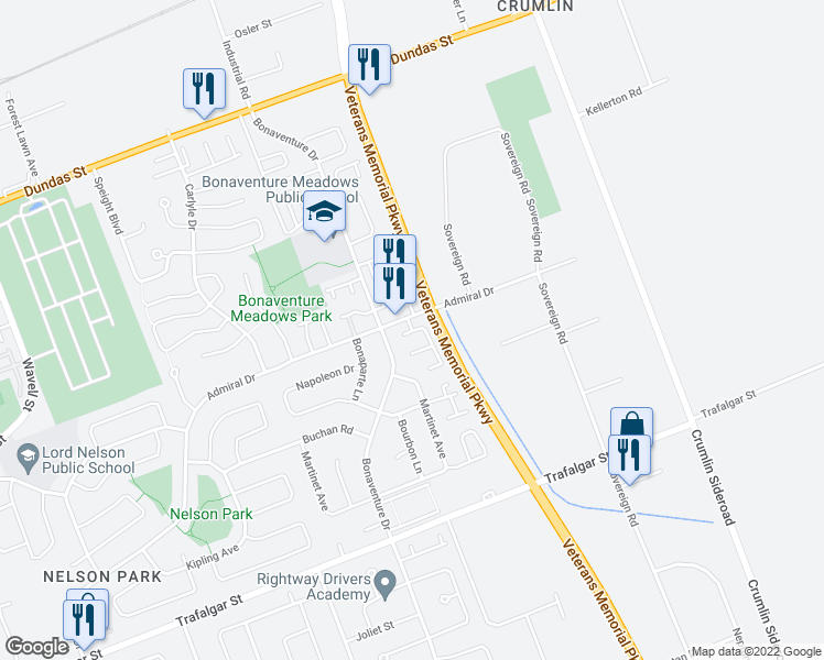 map of restaurants, bars, coffee shops, grocery stores, and more near 510 Admiral Drive in London