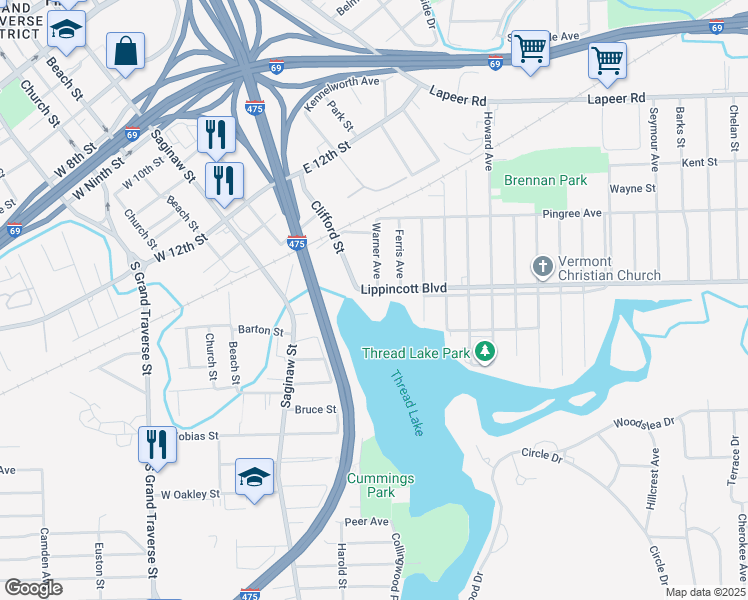 map of restaurants, bars, coffee shops, grocery stores, and more near 410 Lippincott Boulevard in Flint