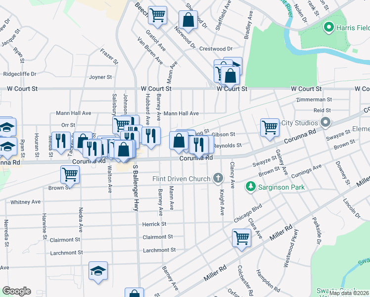 map of restaurants, bars, coffee shops, grocery stores, and more near 1008 Knapp Avenue in Flint