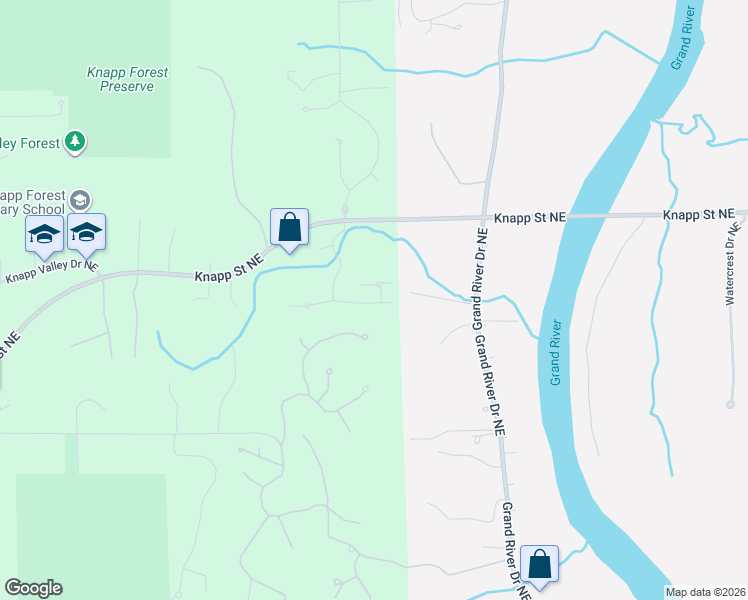map of restaurants, bars, coffee shops, grocery stores, and more near 4700 Knapp Street Northeast in Grand Rapids