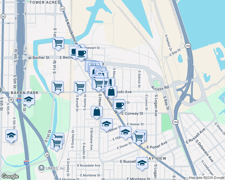 map of restaurants, bars, coffee shops, grocery stores, and more near 2251 South Mound Street in Milwaukee