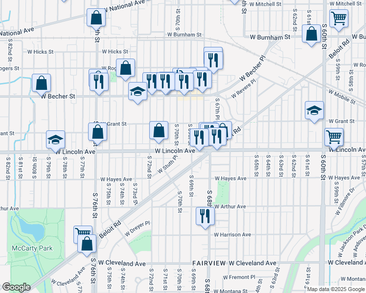 map of restaurants, bars, coffee shops, grocery stores, and more near 2249 South 70th Street in West Allis