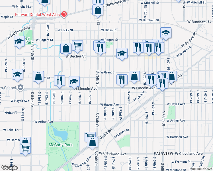 map of restaurants, bars, coffee shops, grocery stores, and more near 2245 South 75th Street in West Allis