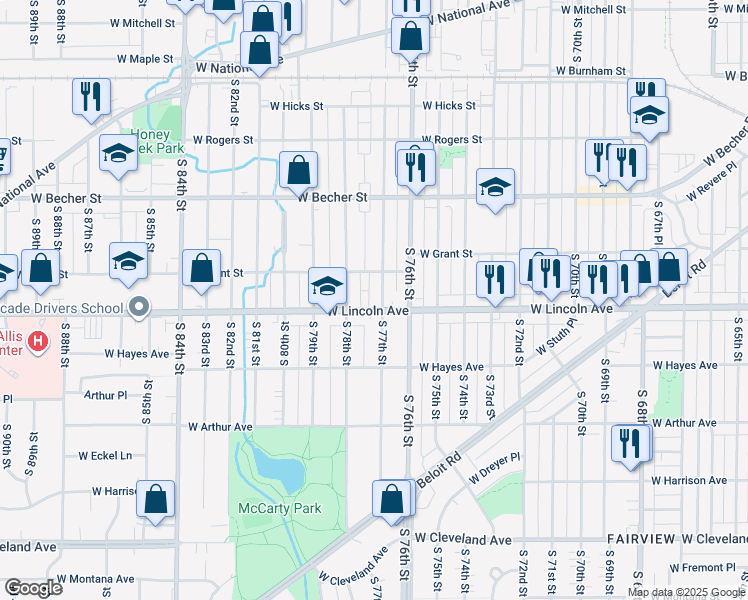 map of restaurants, bars, coffee shops, grocery stores, and more near 2216 South 78th Street in West Allis