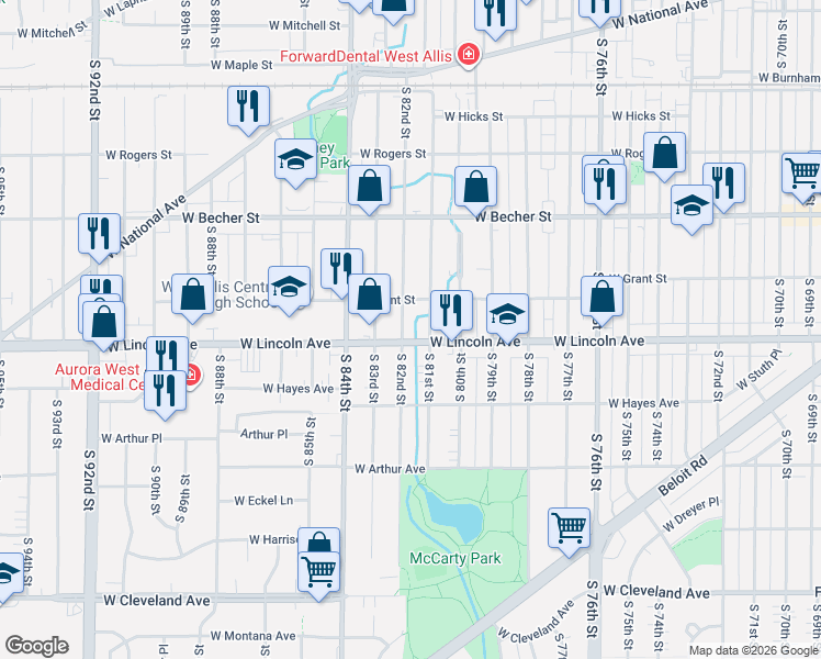 map of restaurants, bars, coffee shops, grocery stores, and more near 2219 South 82nd Street in West Allis