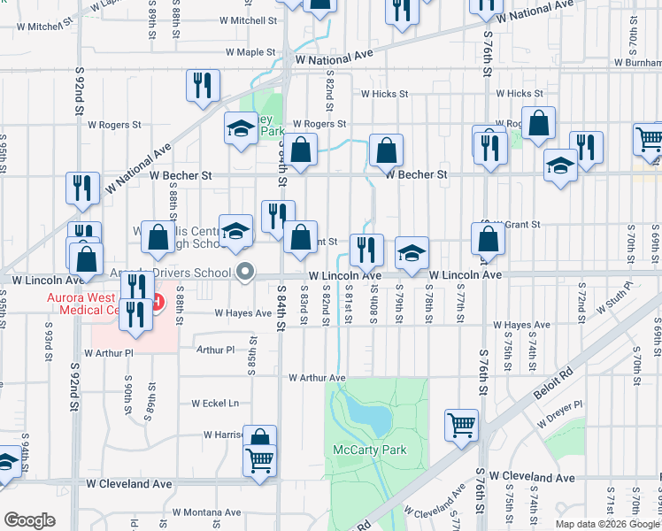 map of restaurants, bars, coffee shops, grocery stores, and more near 2219 South 82nd Street in West Allis