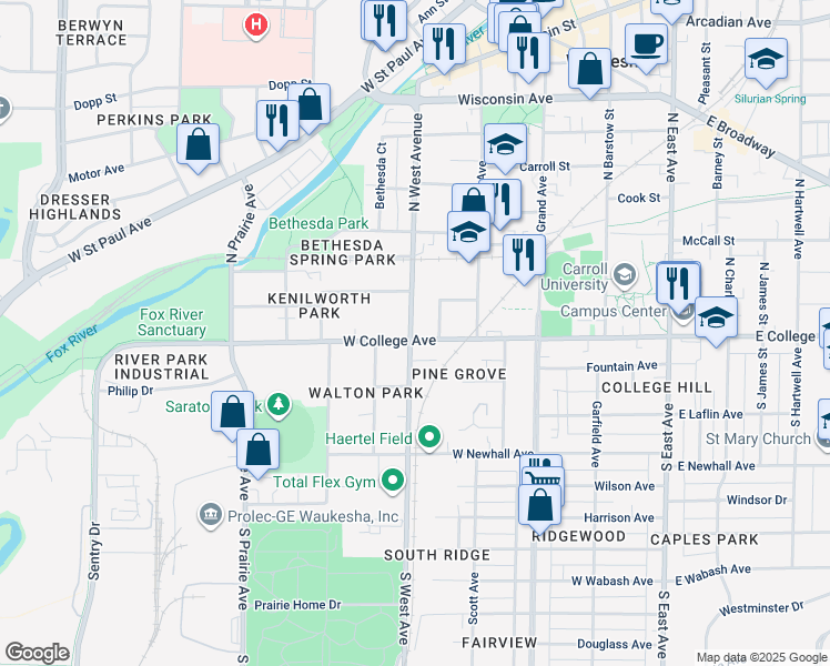 map of restaurants, bars, coffee shops, grocery stores, and more near 114 Central Avenue in Waukesha