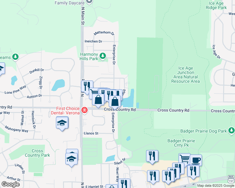 map of restaurants, bars, coffee shops, grocery stores, and more near 1117 Enterprise Drive in Verona
