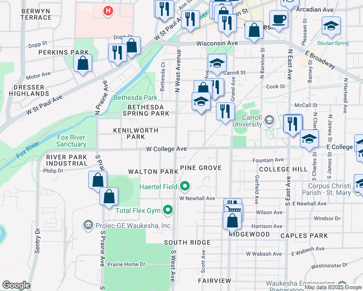 map of restaurants, bars, coffee shops, grocery stores, and more near 442 West College Avenue in Waukesha