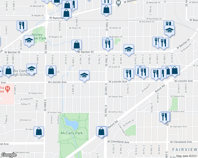 map of restaurants, bars, coffee shops, grocery stores, and more near 2238 South 77th Street in West Allis
