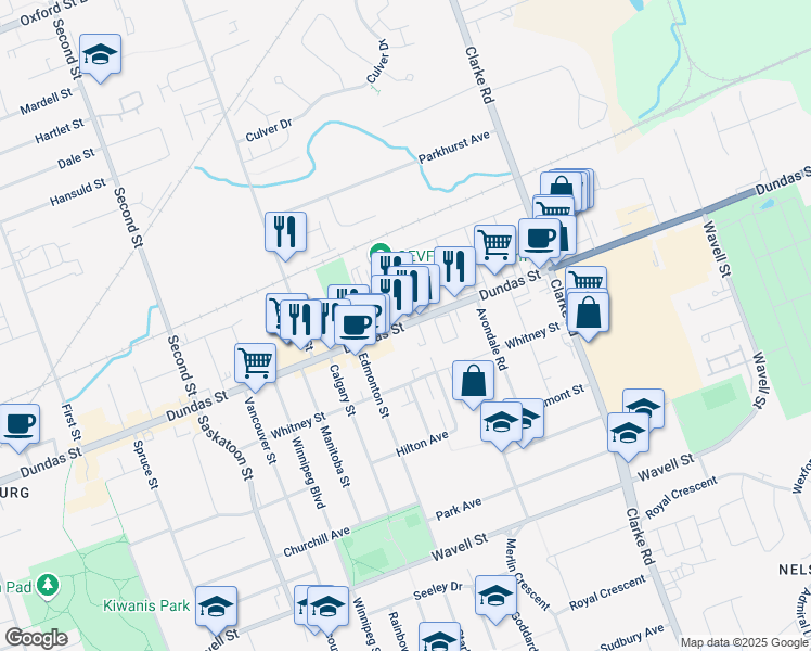 map of restaurants, bars, coffee shops, grocery stores, and more near 1800 Dundas Street in London