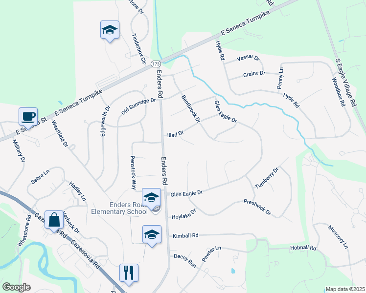 map of restaurants, bars, coffee shops, grocery stores, and more near 8266 Thimblerock Circle in Manlius