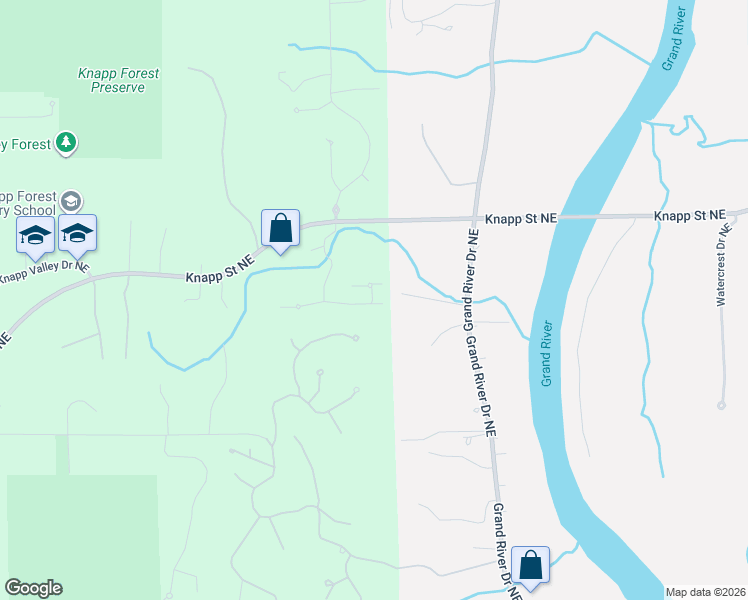 map of restaurants, bars, coffee shops, grocery stores, and more near 4804 Knapp Street Northeast in Grand Rapids