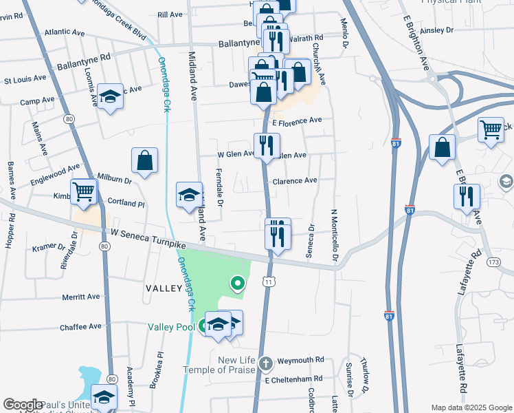 map of restaurants, bars, coffee shops, grocery stores, and more near 116 Minerva Street in Syracuse