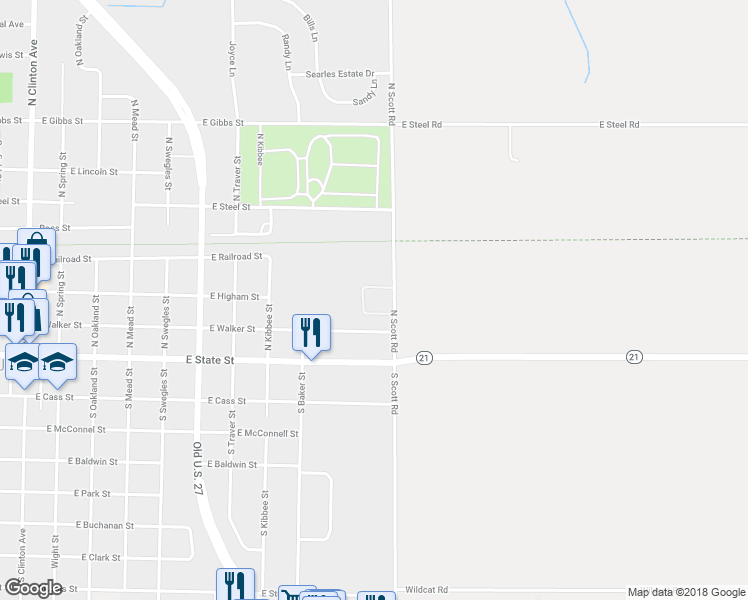 map of restaurants, bars, coffee shops, grocery stores, and more near 205 North Scott Road in Saint Johns