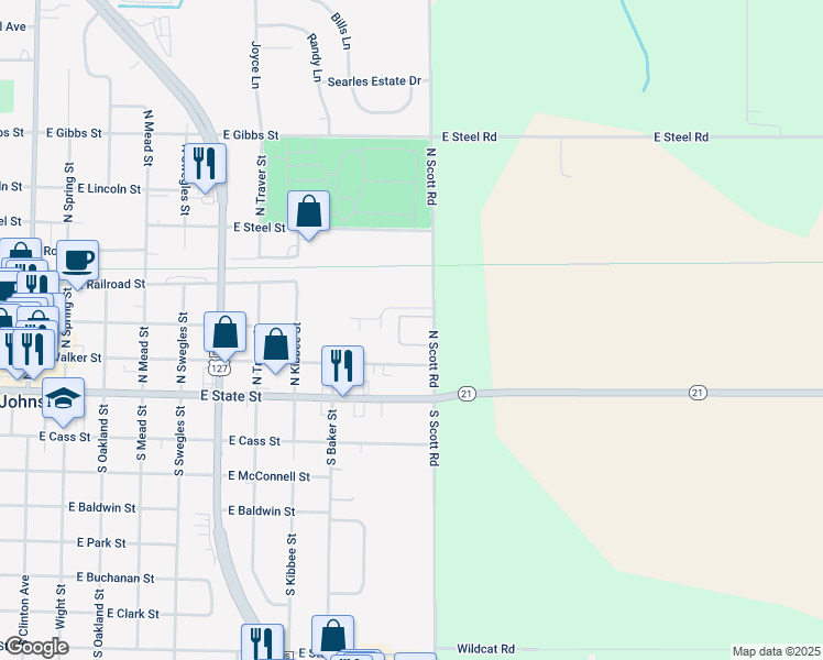 map of restaurants, bars, coffee shops, grocery stores, and more near 205 North Scott Road in Saint Johns