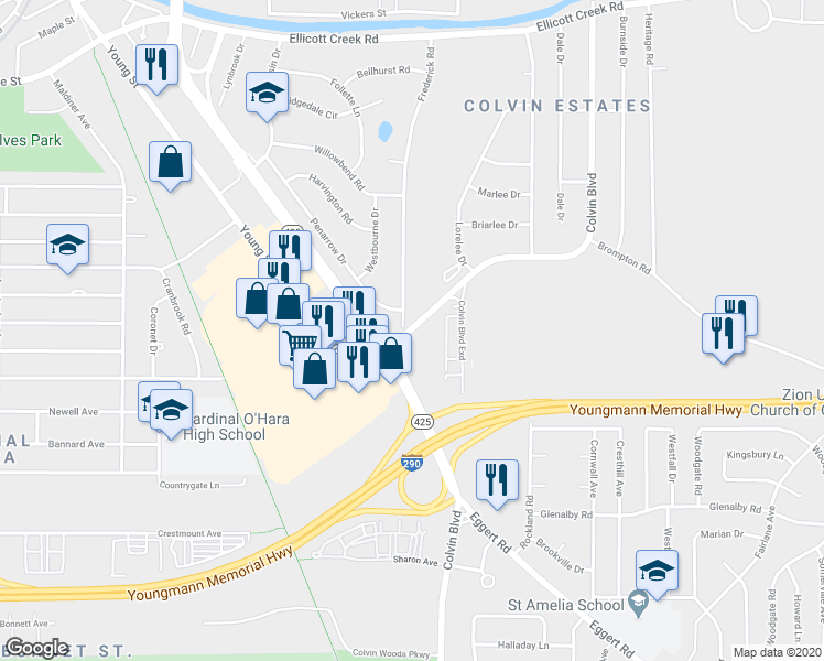map of restaurants, bars, coffee shops, grocery stores, and more near 2331 West Colvin Boulevard in Tonawanda