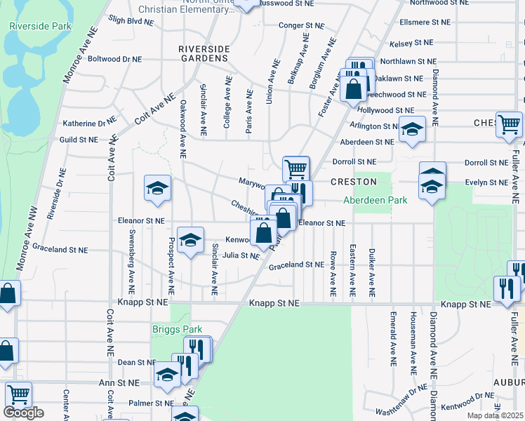 map of restaurants, bars, coffee shops, grocery stores, and more near 509 Cheshire Drive Northeast in Grand Rapids