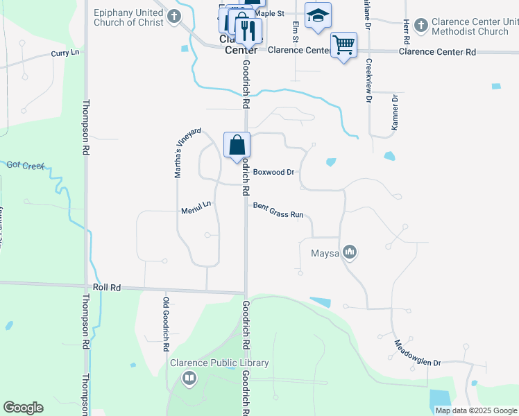 map of restaurants, bars, coffee shops, grocery stores, and more near 9495 Bent Grass Run in Clarence Center