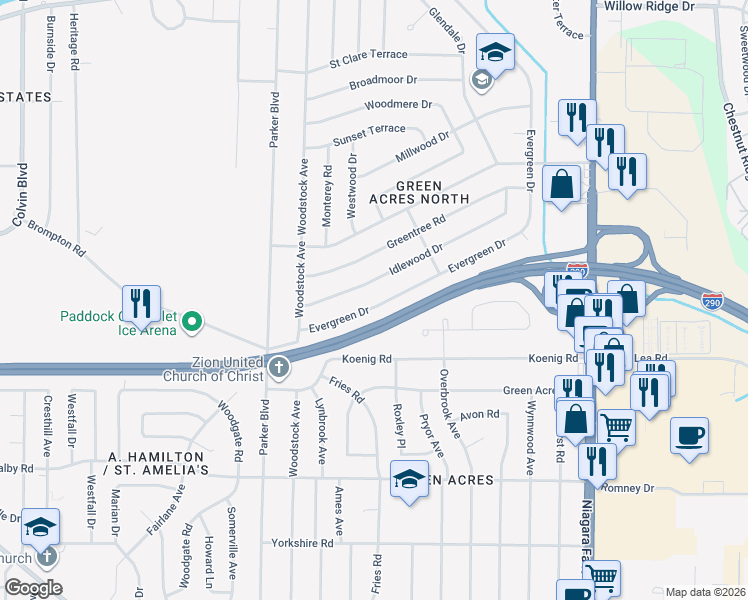map of restaurants, bars, coffee shops, grocery stores, and more near 114 Evergreen Drive in Tonawanda