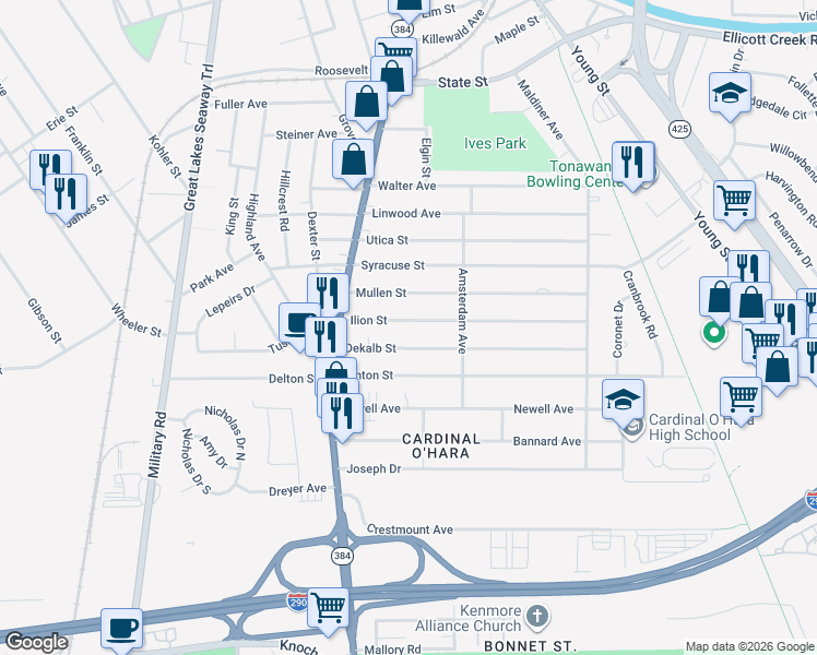 map of restaurants, bars, coffee shops, grocery stores, and more near 85 Ilion Street in Tonawanda