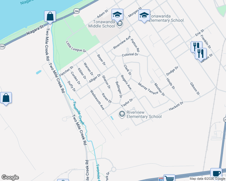 map of restaurants, bars, coffee shops, grocery stores, and more near 89 Sharon Drive in Tonawanda
