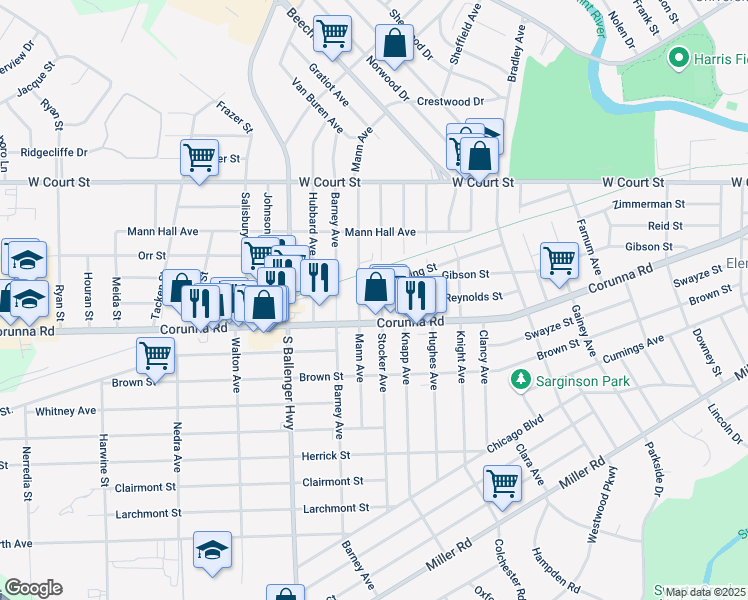 map of restaurants, bars, coffee shops, grocery stores, and more near 3218 Fielding Street in Flint