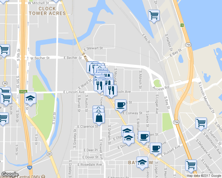 map of restaurants, bars, coffee shops, grocery stores, and more near 2251 South Mound Street in Milwaukee
