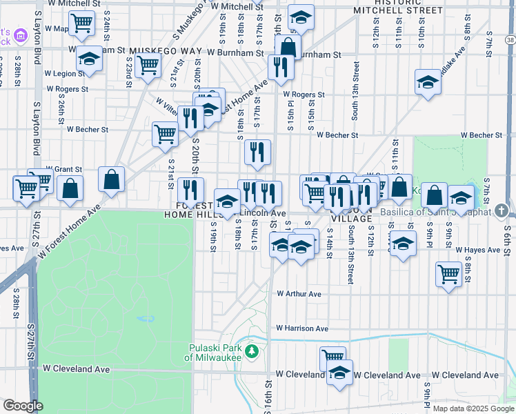 map of restaurants, bars, coffee shops, grocery stores, and more near 2249 South 17th Street in Milwaukee