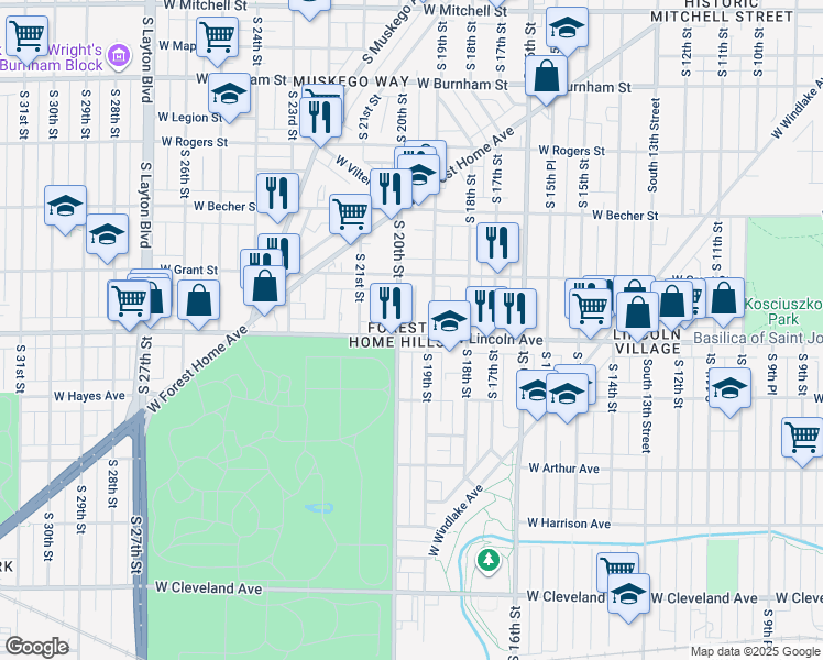 map of restaurants, bars, coffee shops, grocery stores, and more near 2259A South 19th Street in Milwaukee