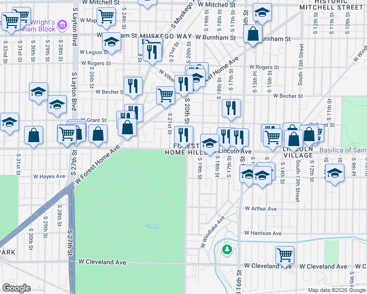 map of restaurants, bars, coffee shops, grocery stores, and more near 2016-2018 West Lincoln Avenue in Milwaukee