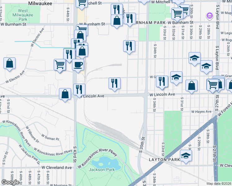 map of restaurants, bars, coffee shops, grocery stores, and more near 2240 South 38th Street in Milwaukee