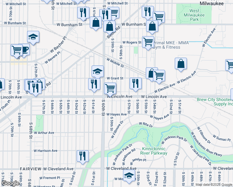 map of restaurants, bars, coffee shops, grocery stores, and more near 2259 South 58th Street in West Allis