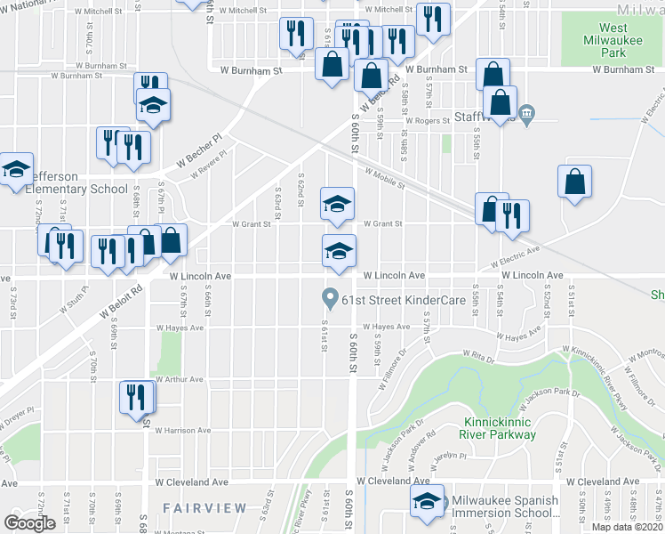 map of restaurants, bars, coffee shops, grocery stores, and more near 2254 South 61st Street in West Allis