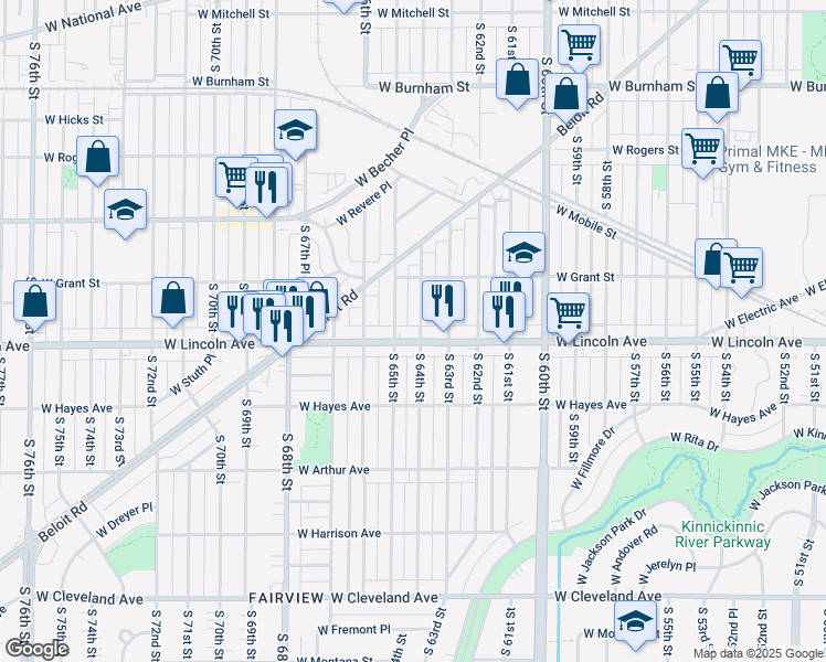 map of restaurants, bars, coffee shops, grocery stores, and more near 2252 South 65th Street in West Allis