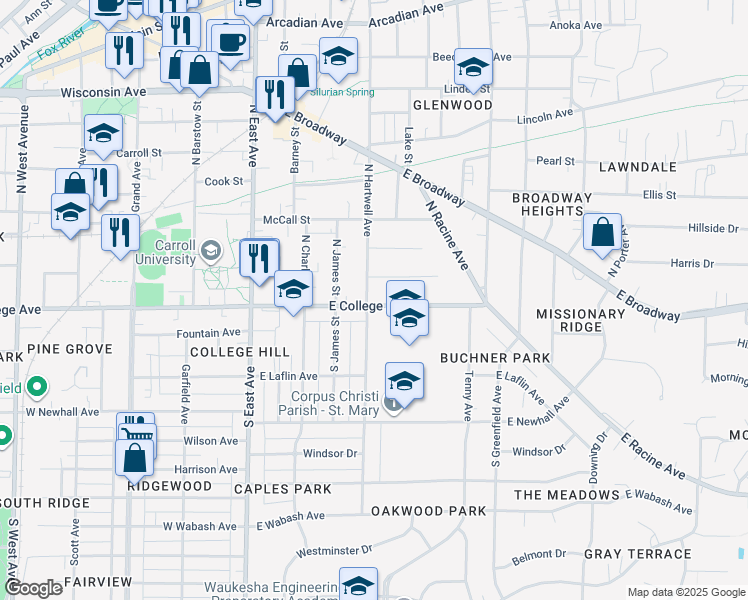 map of restaurants, bars, coffee shops, grocery stores, and more near 515 Brasted Place in Waukesha