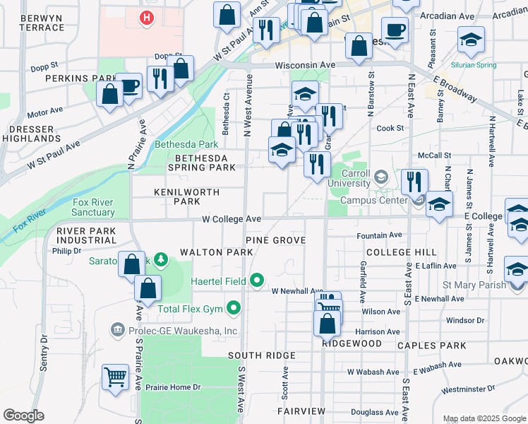 map of restaurants, bars, coffee shops, grocery stores, and more near 114 Central Avenue in Waukesha