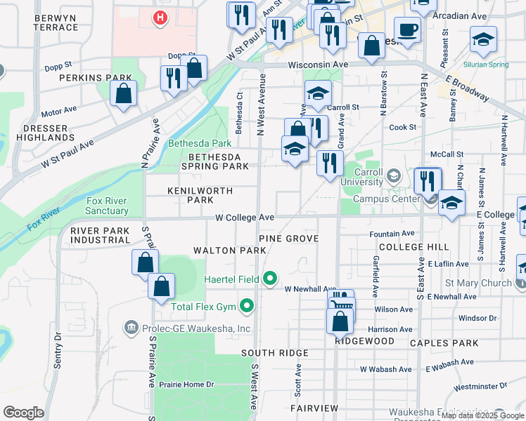 map of restaurants, bars, coffee shops, grocery stores, and more near 114 Central Avenue in Waukesha