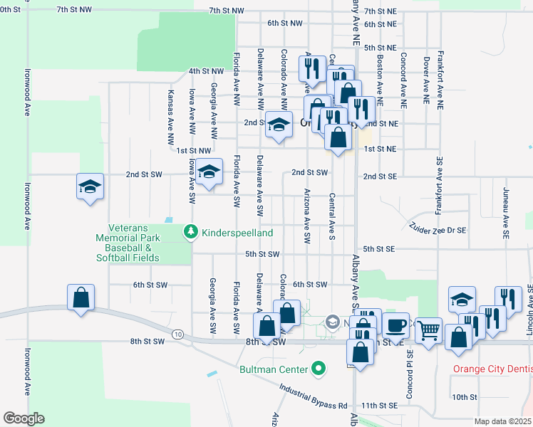 map of restaurants, bars, coffee shops, grocery stores, and more near 300-398 Colorado Avenue Southwest in Orange City