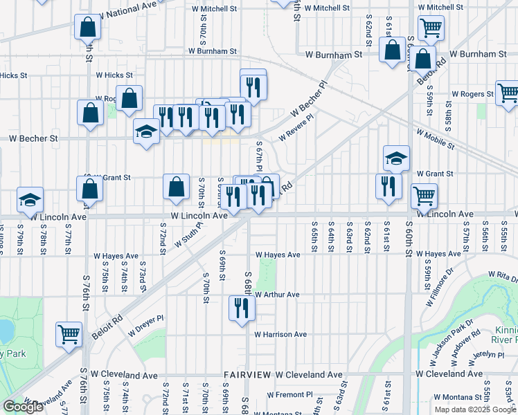 map of restaurants, bars, coffee shops, grocery stores, and more near W Beloit Rd & S 67th Pl in West Allis