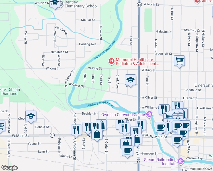 map of restaurants, bars, coffee shops, grocery stores, and more near 900 West Oliver Street in Owosso